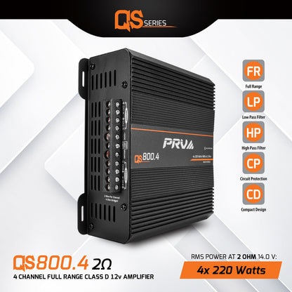 PRV Audio QS800.4 2 Ohm Compact 4 Channel Car Audio Amplifier 4 x 220 Watts RMS at 2 Ohm