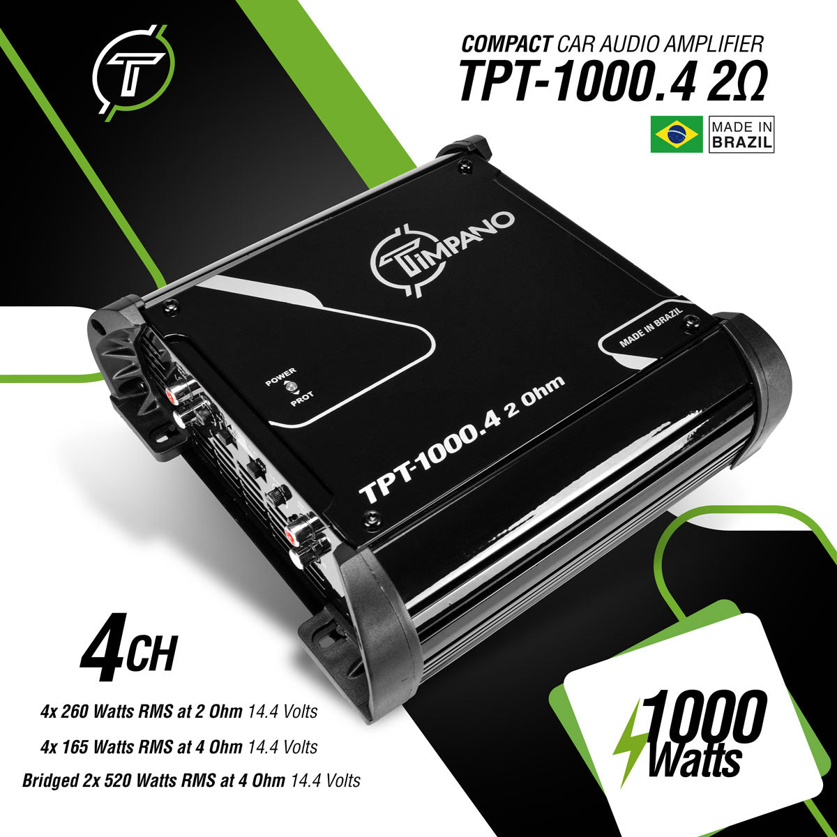 Timpano TPT-1000.4 Compact 4 Channel Car Audio Amplifier – 4 x 260 Watts at 2 Ohms