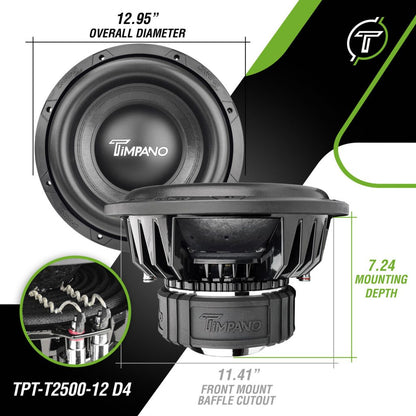 Timpano 12″ Car Audio Subwoofer 2500 Watts Dual 4 Ohm TPT-T2500-12 D4 High Performance