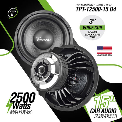 Timpano 15″ Car Audio Subwoofer 2500 Watts Dual 4 Ohm TPT-T2500-15 D4 High Performance